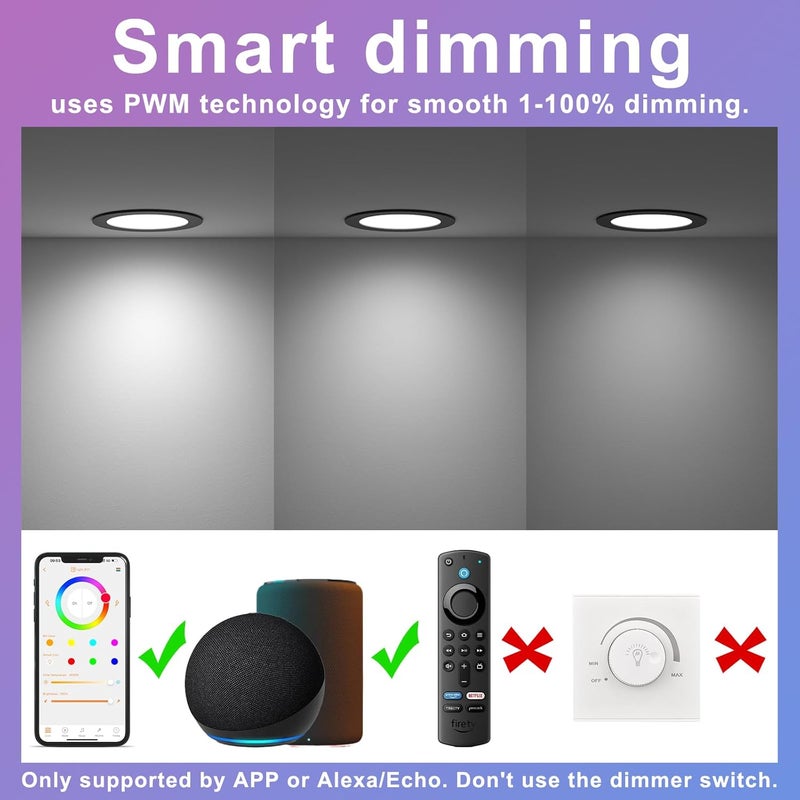SikSog Smart Recessed Lighting 4 Inch Black RGBCW Color Changing 12W LED Downlight with Junction Box,1000 Lumen Recessed Ceiling Light Compatible with Alexa,Dimmable by Bluetooth Control -6Pack - Image 5